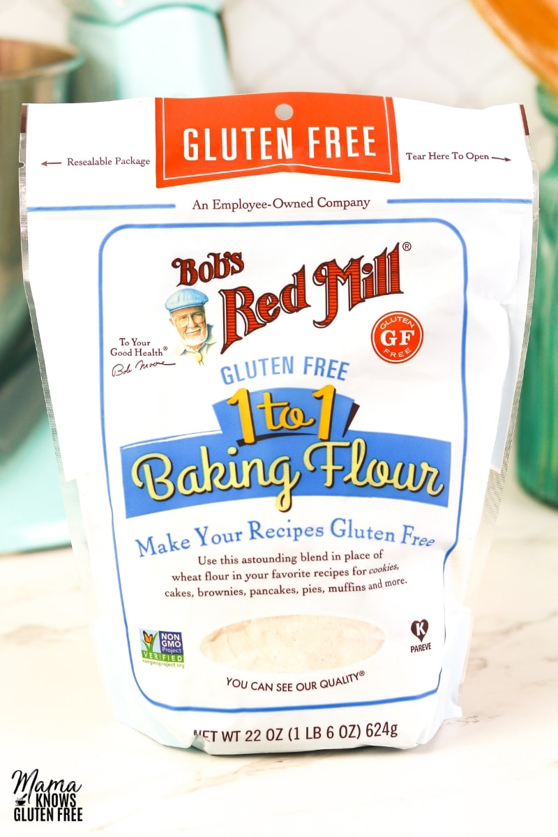 Bob's Red Mill 1 to1 gluten-free flour bag on a white counter