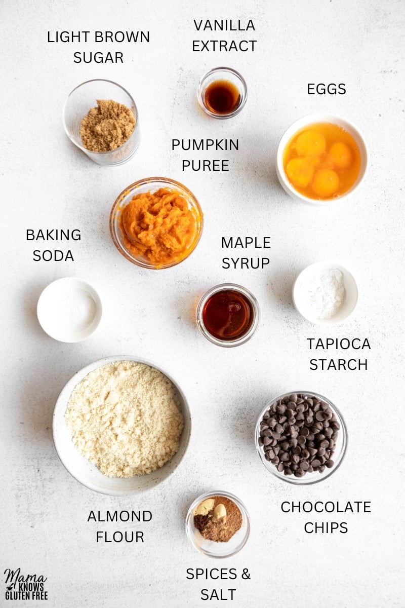 Ingredients for Gluten-Free Almond Flour Pumpkin Muffins measured out in bowls.