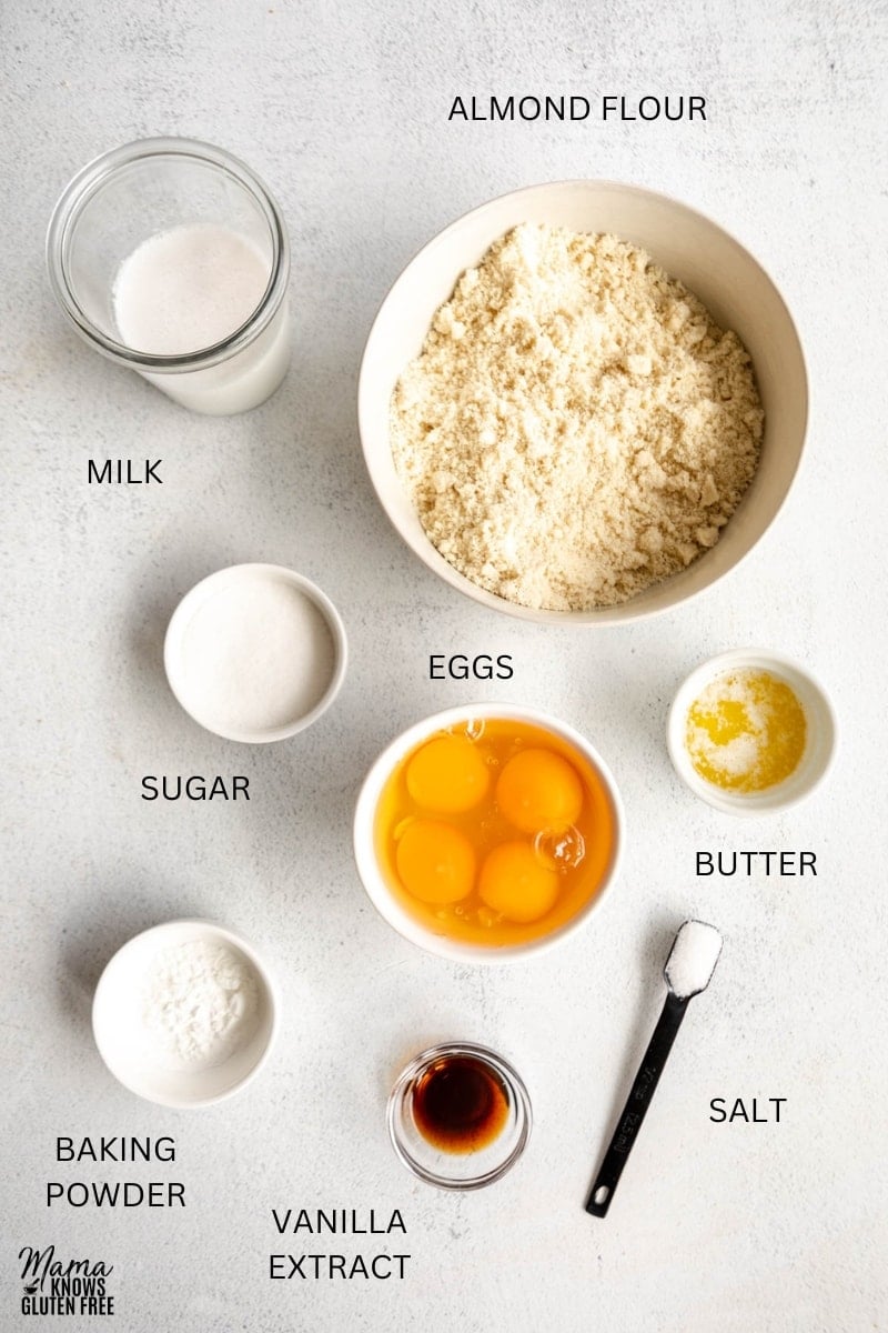 Ingredients for Gluten-Free Almond Flour Wafflers in bowls, cups and measuring spoons