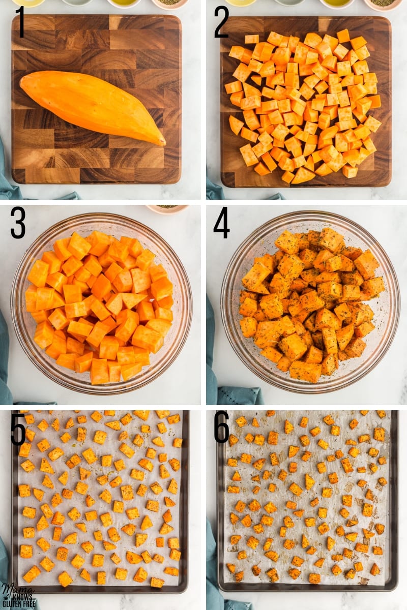 Steps to make Roasted Sweet Potatoes cubes tossed in herbs.