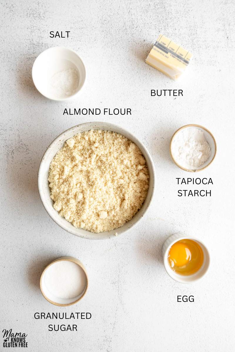 Ingredients for Gluten-Free Almond Flour Pie Crust measured in bowls.
