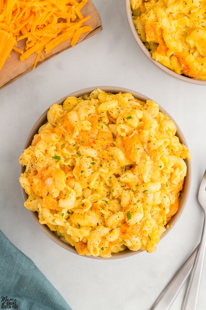 Gluten-Free Butternut Squash Mac and Cheese in a bowl shot from overhead