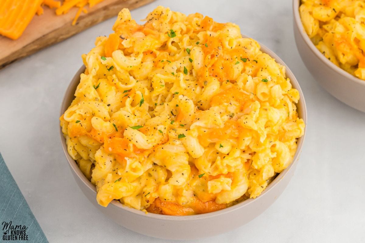 Close up photo of Gluten-Free Butternut Squash Mac and Cheese in bowl