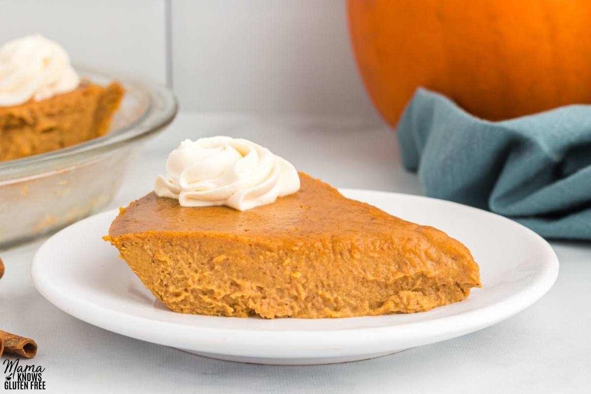 Slice of Gluten-Free Crustless Pumpkin Pie topped with whipped cream on white plate.