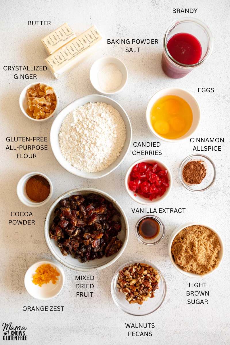 Ingredients for Gluten-Free Fruit Cake measured out in bowls.