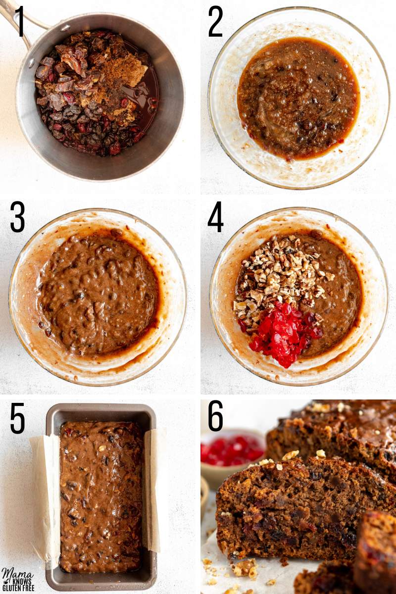 Photo collage of the six steps to make Gluten-Free Fruit Cake.