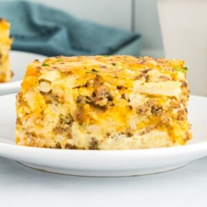 easy gluten-free breakfast casserole slice on a white plate