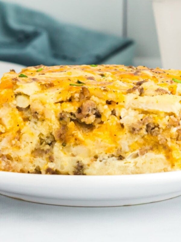 easy gluten-free breakfast casserole slice on a white plate