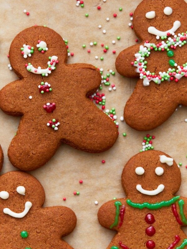 Overhead view of decorated gluten-free gingerbread cookies.