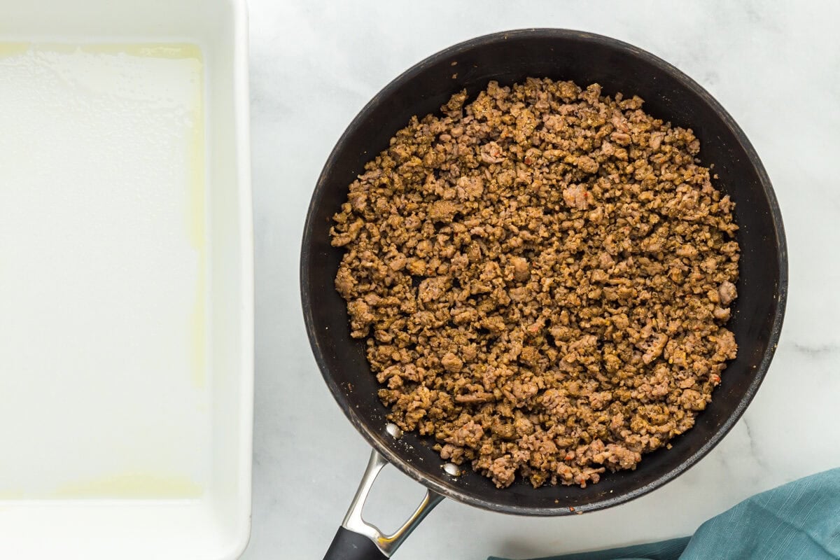 seasoned cooked ground sausage in a skillet.