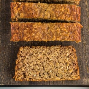 flourless banana bread on a cutting board