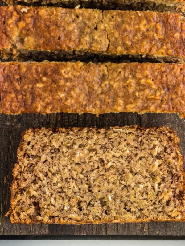 flourless banana bread on a cutting board