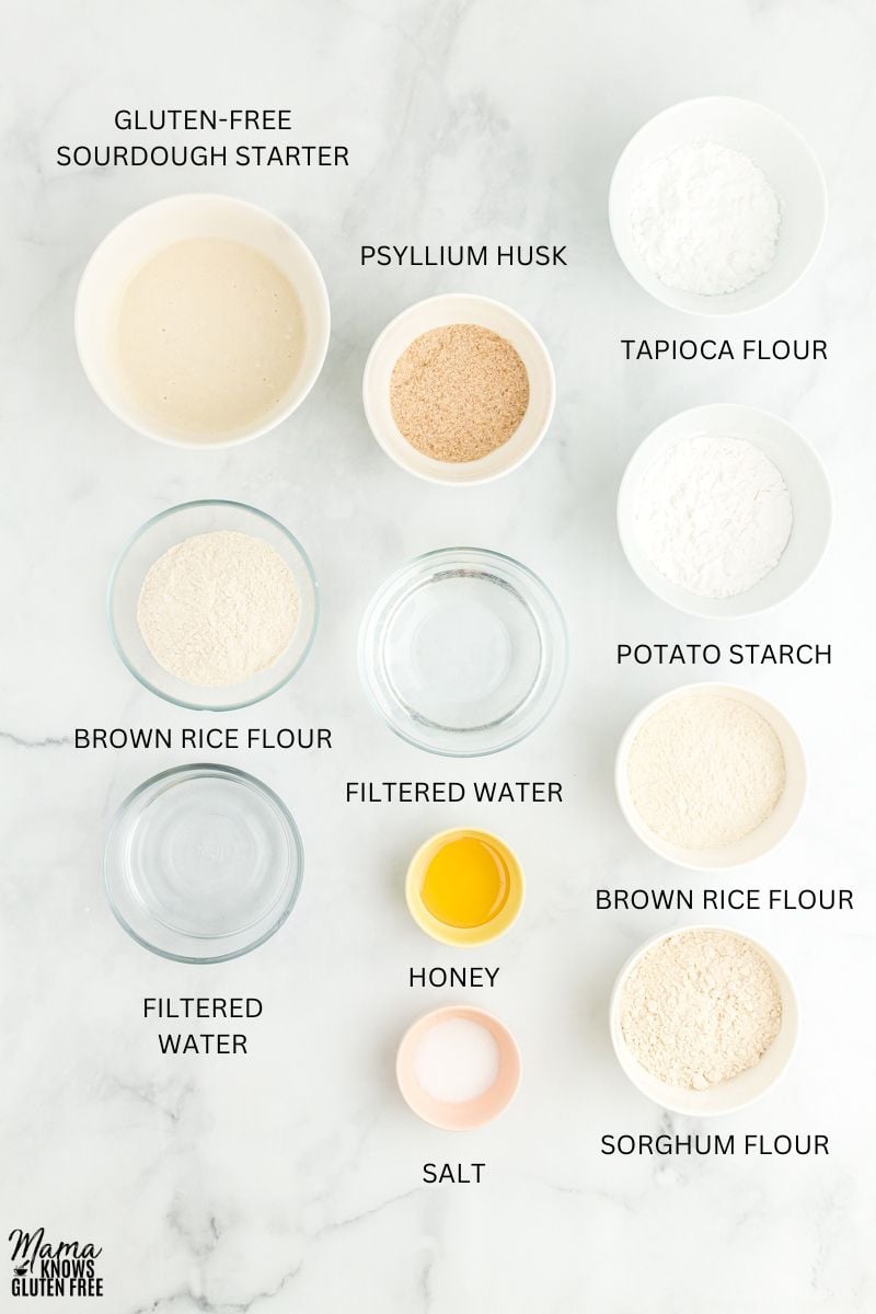 Gluten-free sourdough Bread ingredients measured out in bowls on a countertop.
