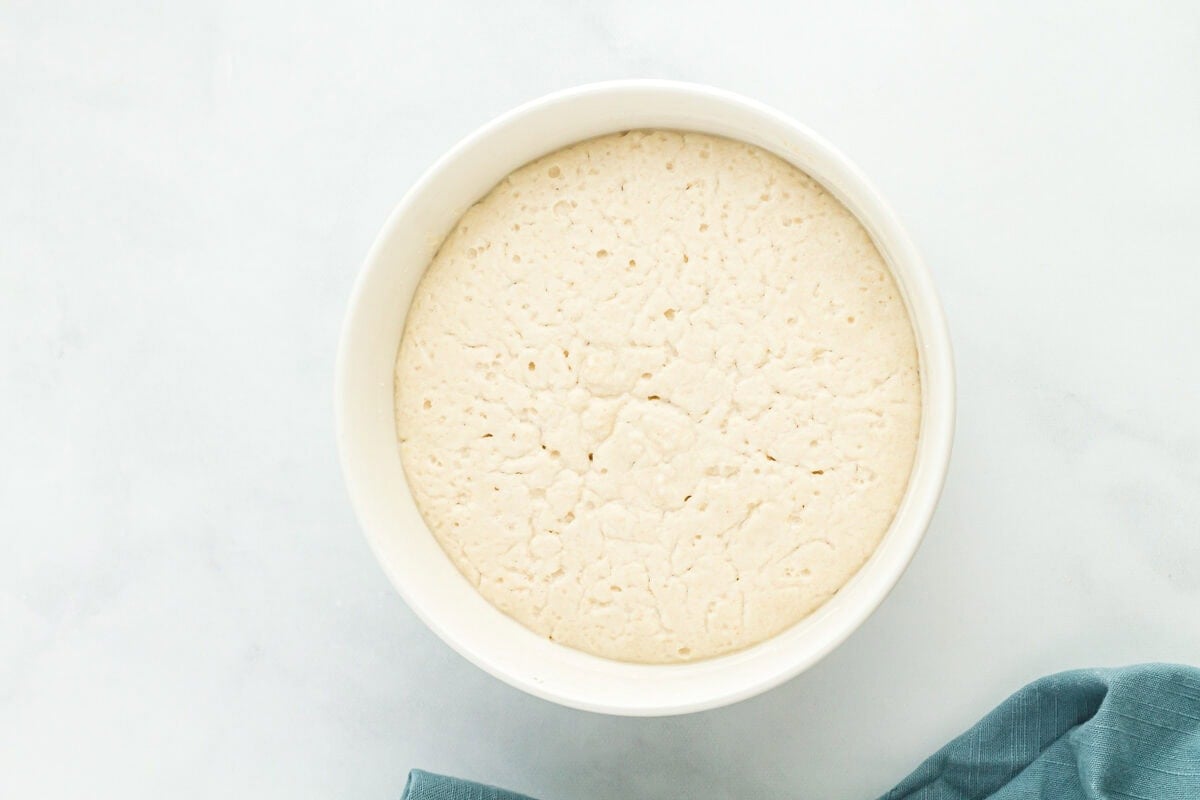 preferment for gluten free sourdough bread in a white bowl.