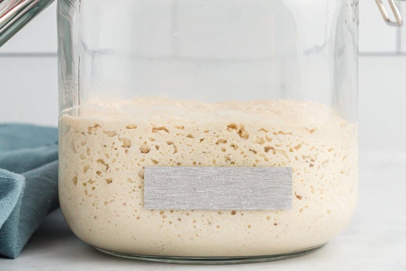 gluten free sourdough starter in a glass jar with tape on the side.