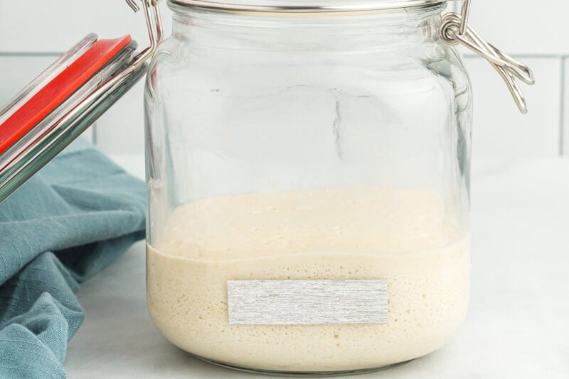 gluten free sourdough starter in a glass jar with tape on the side.