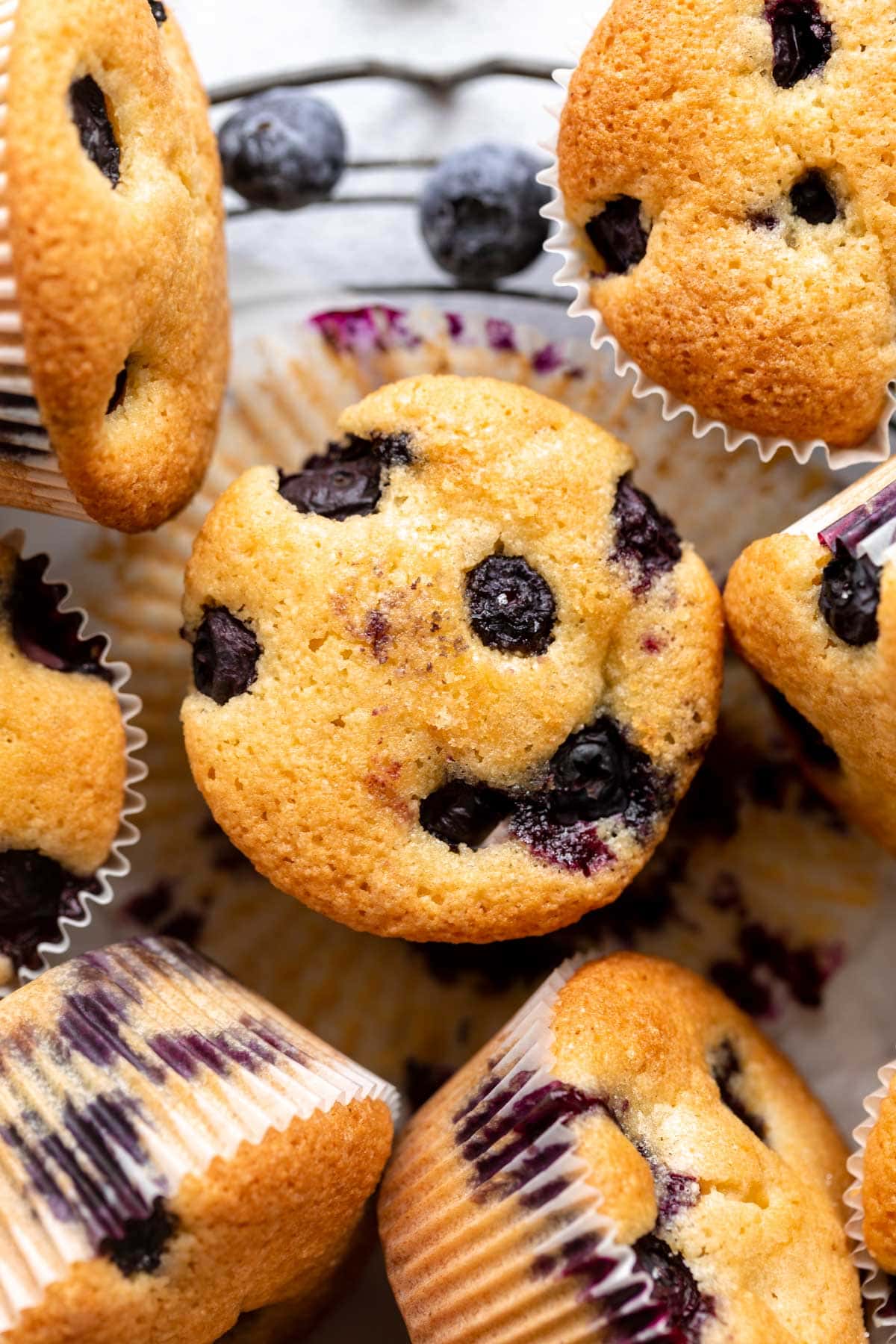 overhead view of almond flour blueberry muffins.