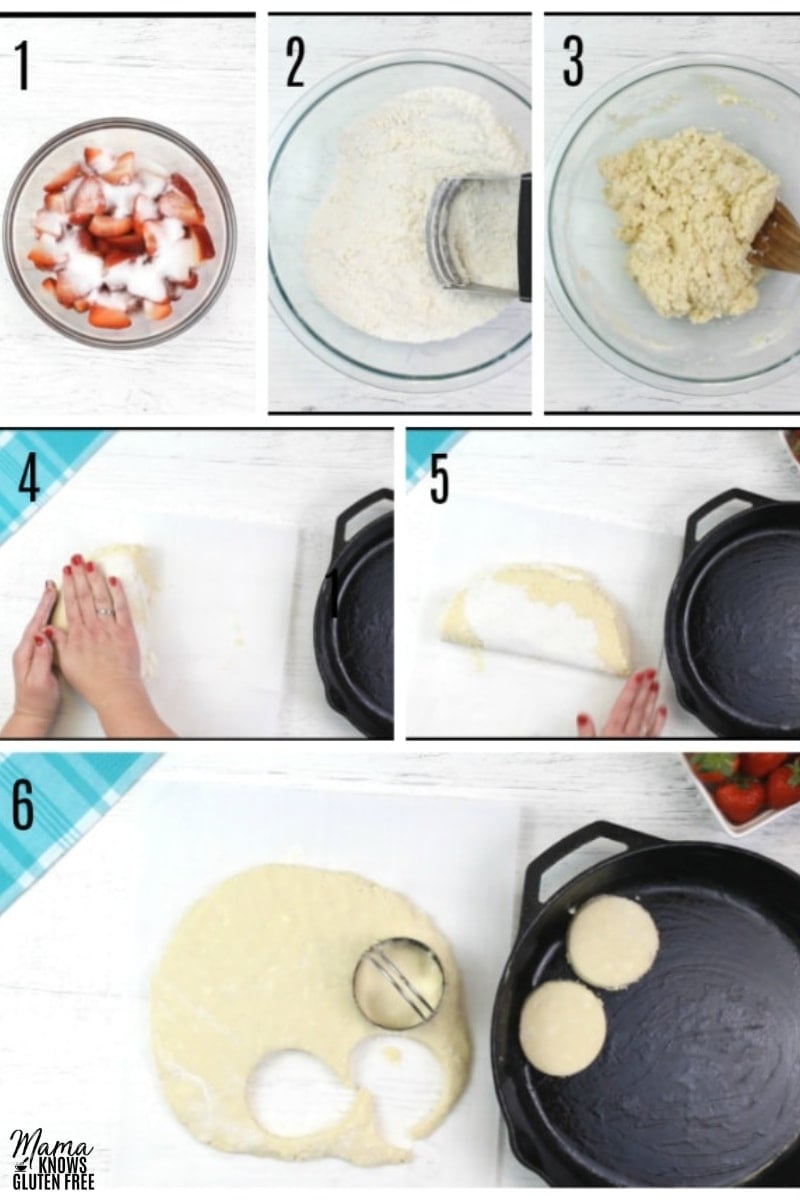 gluten-free strawberry shortcake recipe steps photo collage