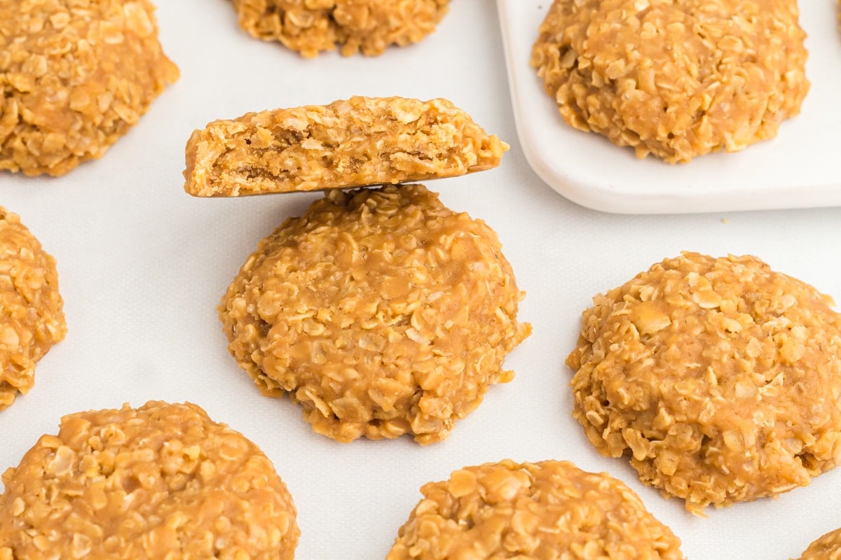 overhead view of a halved no bake cookie leaning against another.