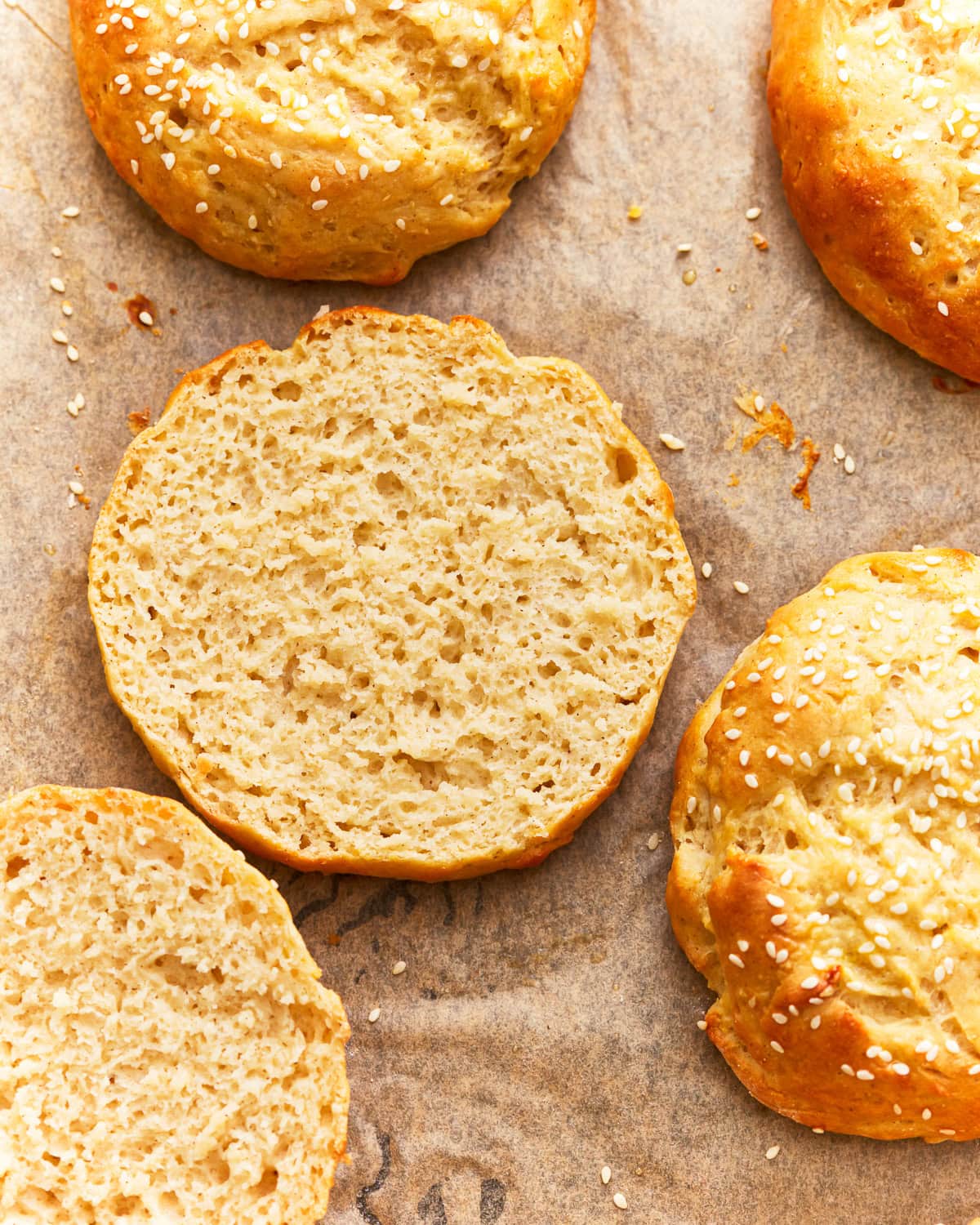 overhead view of a halved gluten-free hamburger bun.