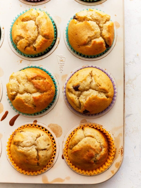 overhead view of gluten-free muffins in a muffin tin.