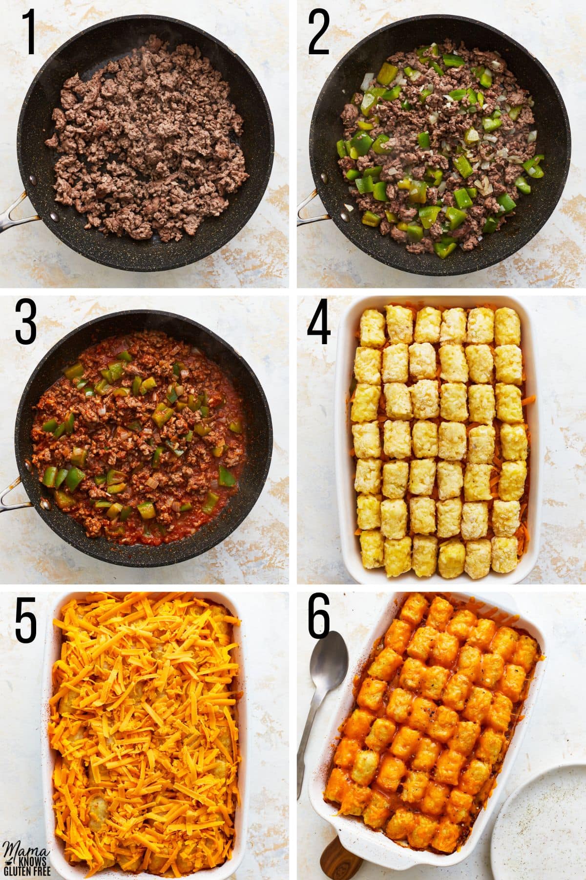 step by step photos for how to make sloppy joe tater tot casserole