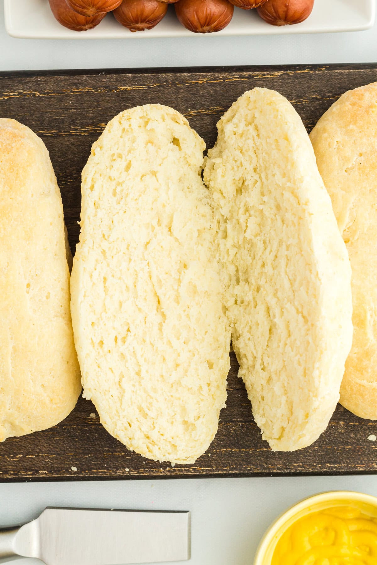close-up overhead view of a cut gluten-free hot dog bun.