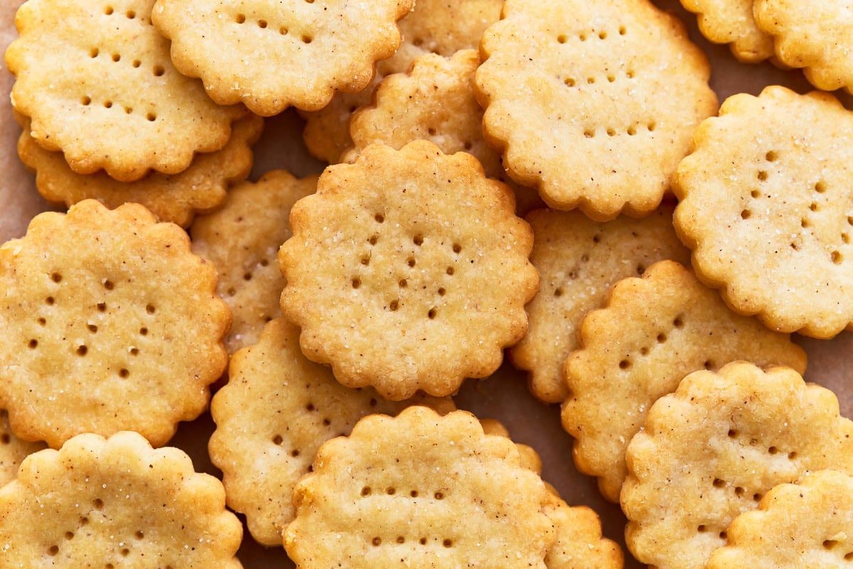 Close up of lots of gluten-free ritz crackers.