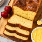 Overhead view of a sliced gluten-free brioche loaf.