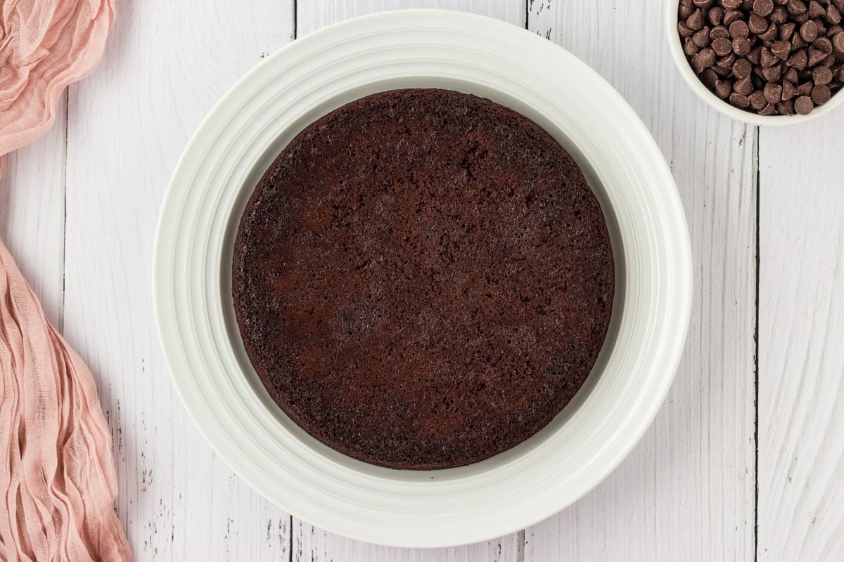 flourless chocolate cake overturned on a white plate