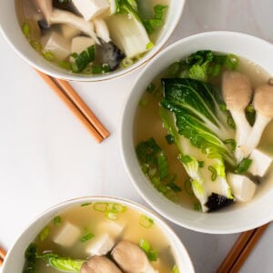 3 bowls of gluten free miso soup lined up vertically