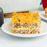 piece of breakfast casserole on a white plate