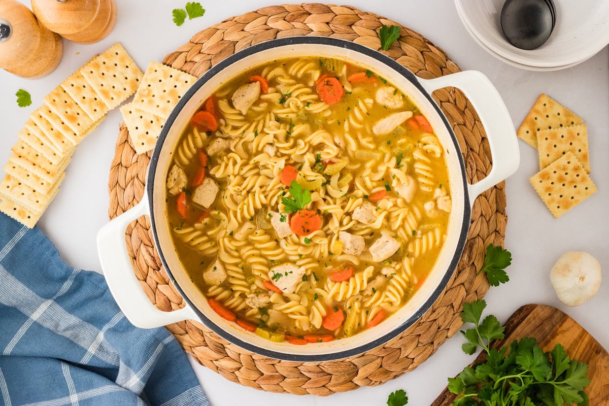 A beautifully plated pot of gluten-free chicken noodle soup, garnished with fresh parsley and served with crackers, garlic, and a rustic kitchen towel on a light table.