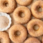 A close-up of freshly baked gluten-free cinnamon sugar donuts arranged on a parchment-lined surface, showing their golden brown texture with a light dusting of sugar. A small dish of cinnamon sugar sits nearby.