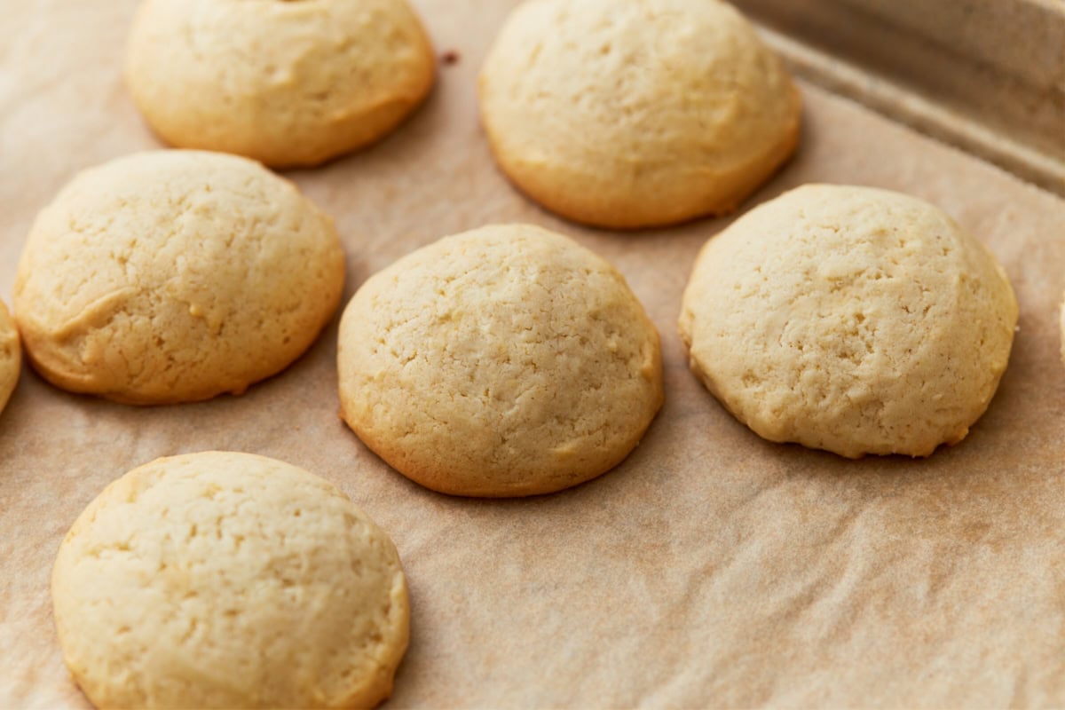 Close-up of gluten-free vanilla wafers, one cookie broken in half to reveal the soft interior.