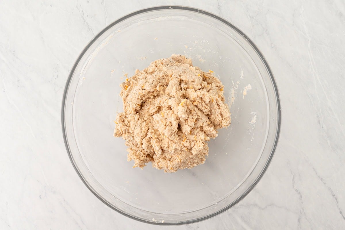 The completed biscuit dough, fully mixed and ready to be scooped.