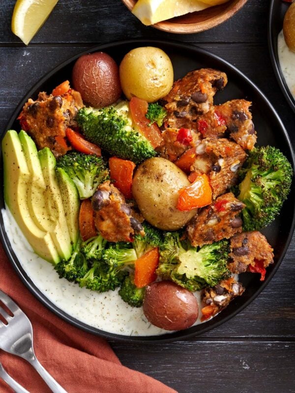 Overhead view of a homemade Tzatziki Black Bean Burger Bowl.