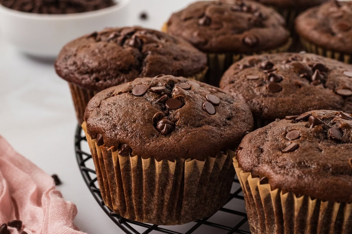 Baked double chocolate muffins cooling on a wire rack, with a soft texture and visible chocolate chips.