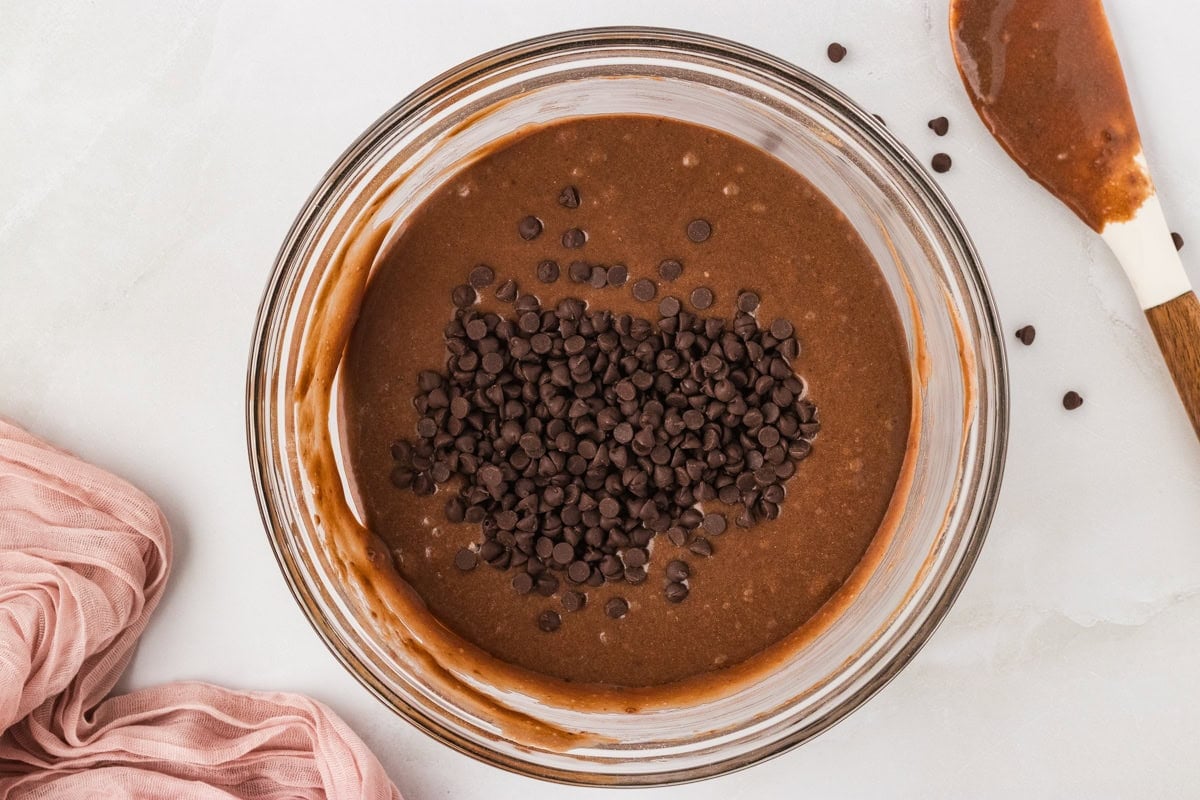 Bowl of smooth chocolate muffin batter with mini chocolate chips just added on top, ready to mix in.