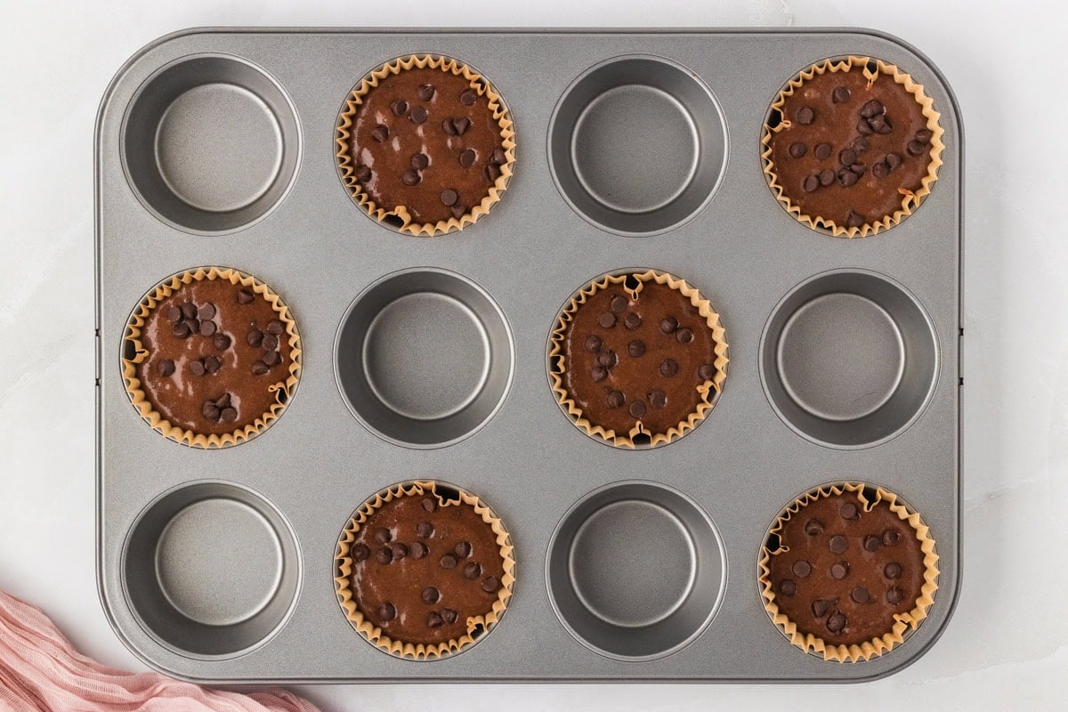 Chocolate muffin batter portioned into paper-lined muffin cups in a metal tin, topped with chocolate chips.