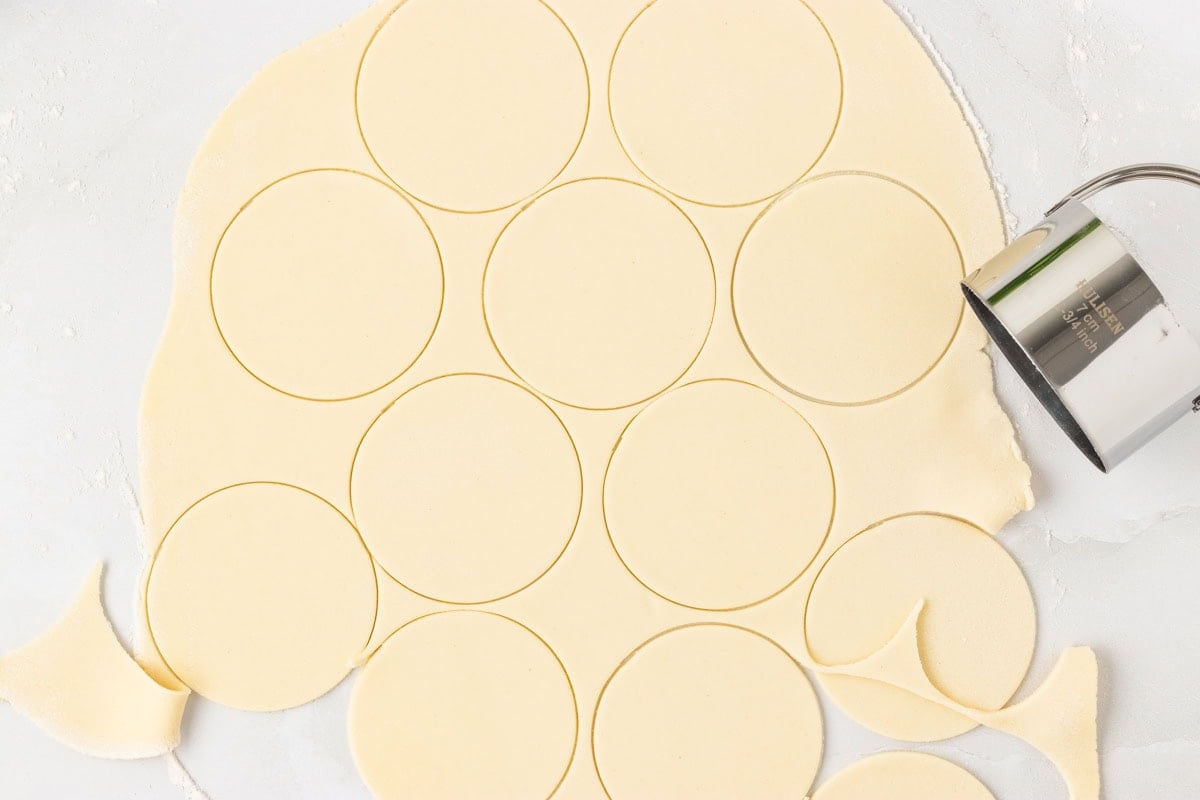 Rolled out sheet of gluten-free pasta dough with evenly cut circles using a round biscuit cutter