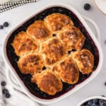 Freshly baked gluten-free blueberry cobbler in a white square baking dish with golden biscuit topping and bubbling blueberry filling.