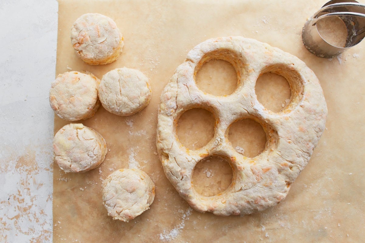 Round biscuit shapes cut out with a cutter from the dough, with scraps and cutter shown on parchment.