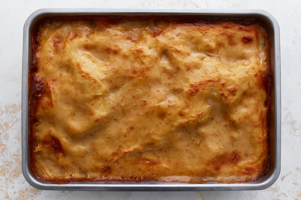 Golden brown, fully baked gluten-free chicken and dumplings casserole fresh from the oven.