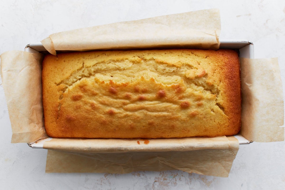 Freshly baked lemon loaf in the loaf pan with a golden brown top.