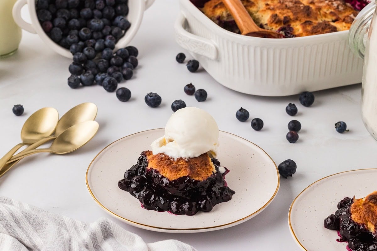 A serving of gluten-free blueberry cobbler topped with a scoop of vanilla ice cream on a plate, with fresh blueberries scattered around and the full baking dish in the background.