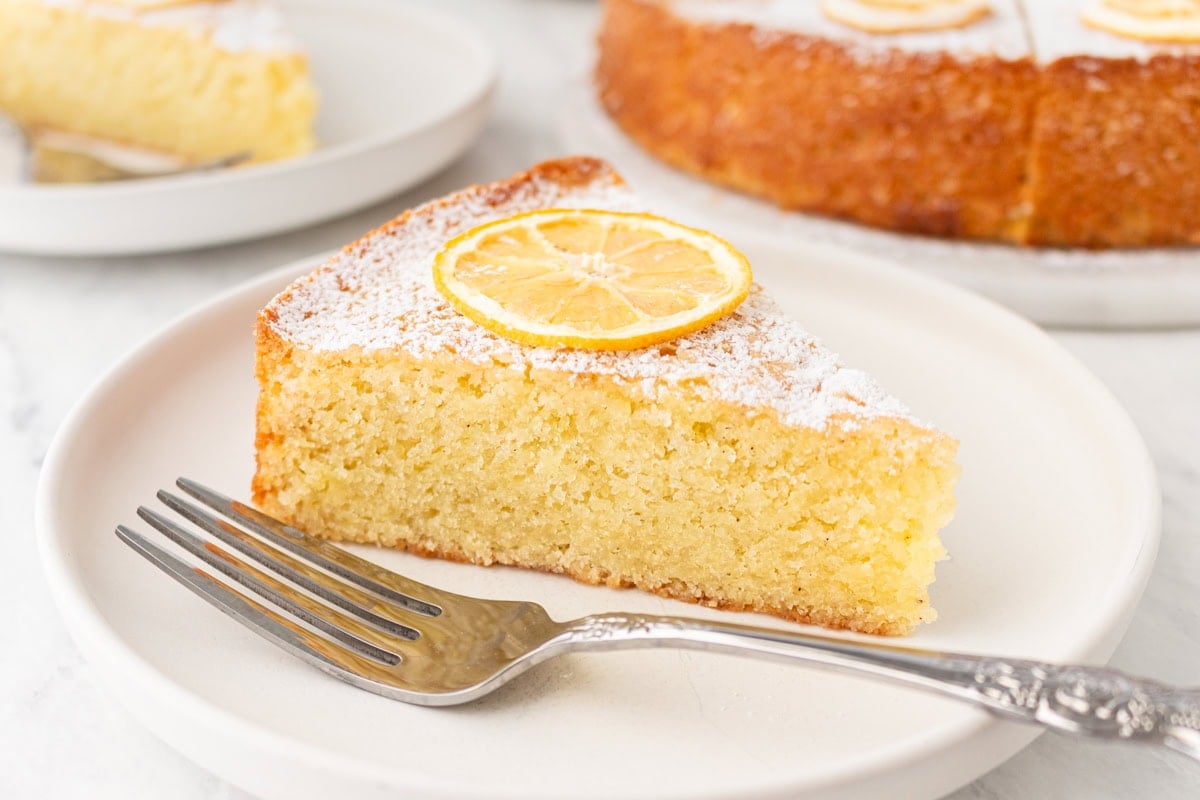 Side view of a moist slice of gluten-free olive oil cake on a plate, showing the tender crumb and topped with a candied lemon slice.