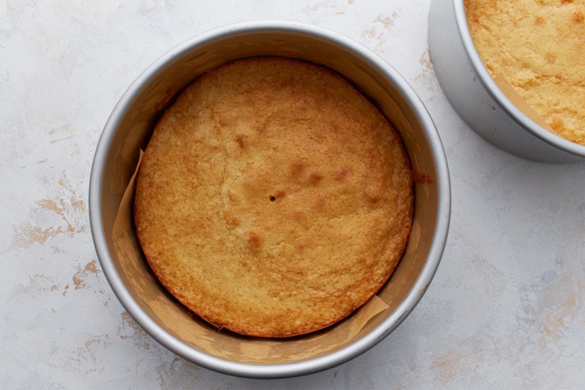Golden-brown baked yellow cake layer still in the round cake pan, lined with parchment.