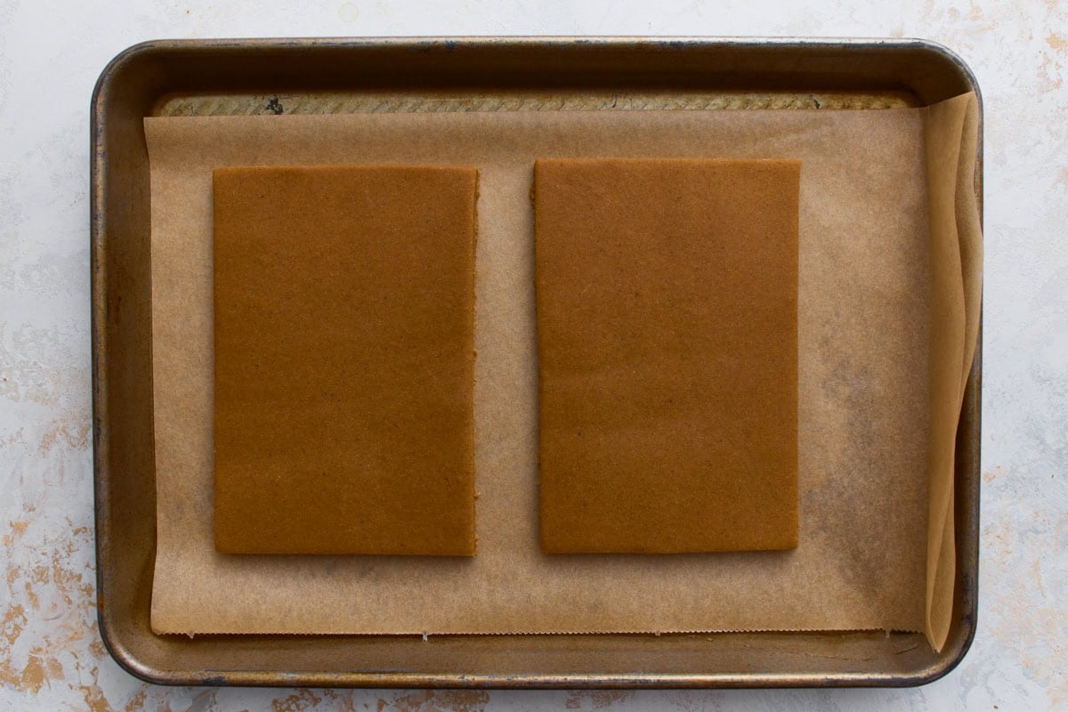 Two rectangular gingerbread roof panels unbaked