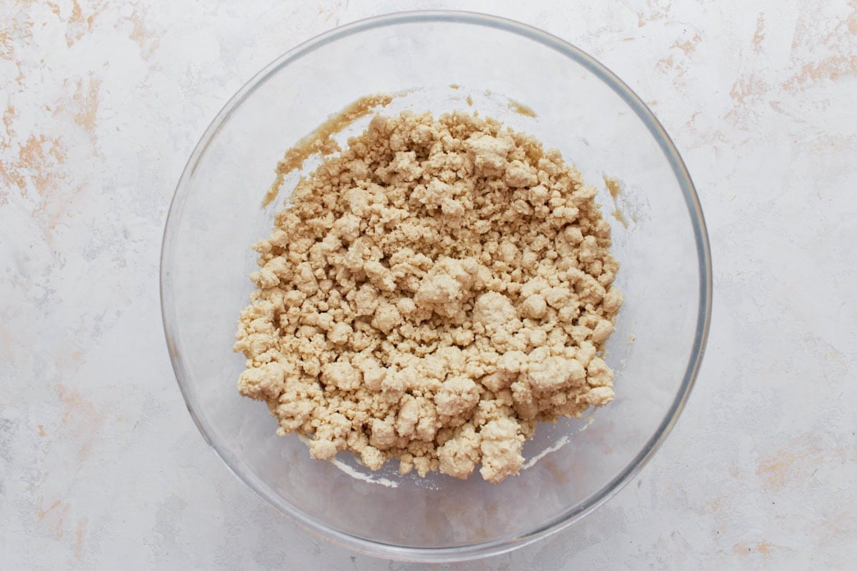 The masa mixture after adding melted lard, crumbly and starting to come together.